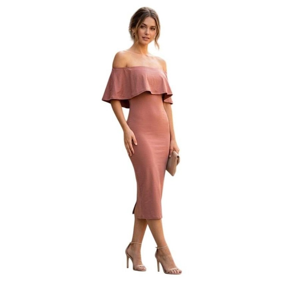 Lulu's Olia Off The Shoulder Ruffle Midi Dress Mauve Satin Knit S